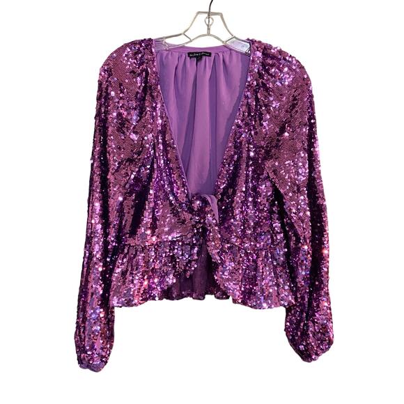 For Love & Lemons Size Small Purple Sequin Tie Front Madeline Sequin Top - Picture 2 of 10